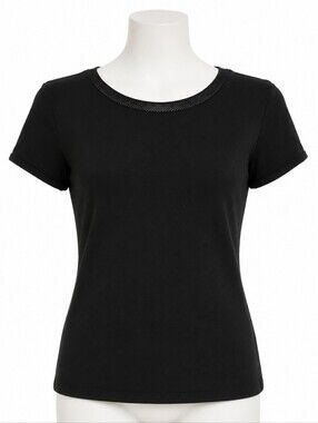 Talbots Black Short Sleeve Knit Top Mesh Trim Crew Neck Sweater Tee Size L